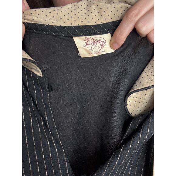Vintage Luci Fellini 1980s Black Pin Stripe Dress Polka Dot Neck Tie Collar - Picture 12 of 13